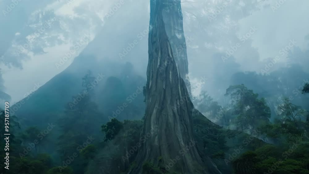 Poster Enveloped in dense fog, the wild forest transforms into a mystical jungle with a serene, primeval magic