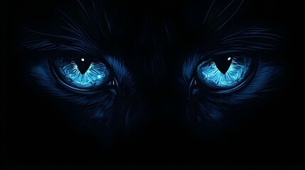 Glowing Eyes Piercing the Darkness - Haunting Feline Gaze Against Pitch-Black Background