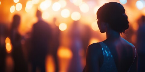 Blurred background of an elegant event with people dancing and socializing, creating a festive atmosphere The scene is illuminated by warm lights that cast soft shadows on the floor Generative AI