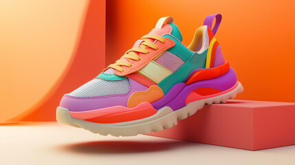 Close-up photo of multi-colored retro style sports sneakers on a neutral background. Vintage retro style from the 80s-90s.