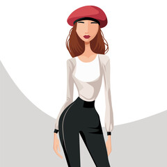 Charming young woman in a stylish beret. Vector flat fashion illustration. 