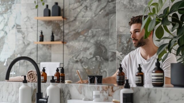 A handsome young man with a beard smiles while sitting in a modern bathroom