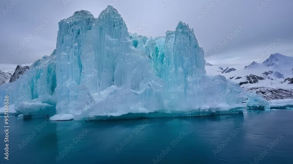 Aufkleber Giant turquoise iceberg is floating on calm ocean water surrounded by snow covered mountains in antarctica. It's a beautiful day for a cruise through the fantasy world of ice