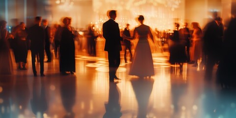 Blurred background of an event with people dancing and socializing in the foreground The scene is illuminated by warm lights, creating soft shadows on their faces Generative AI