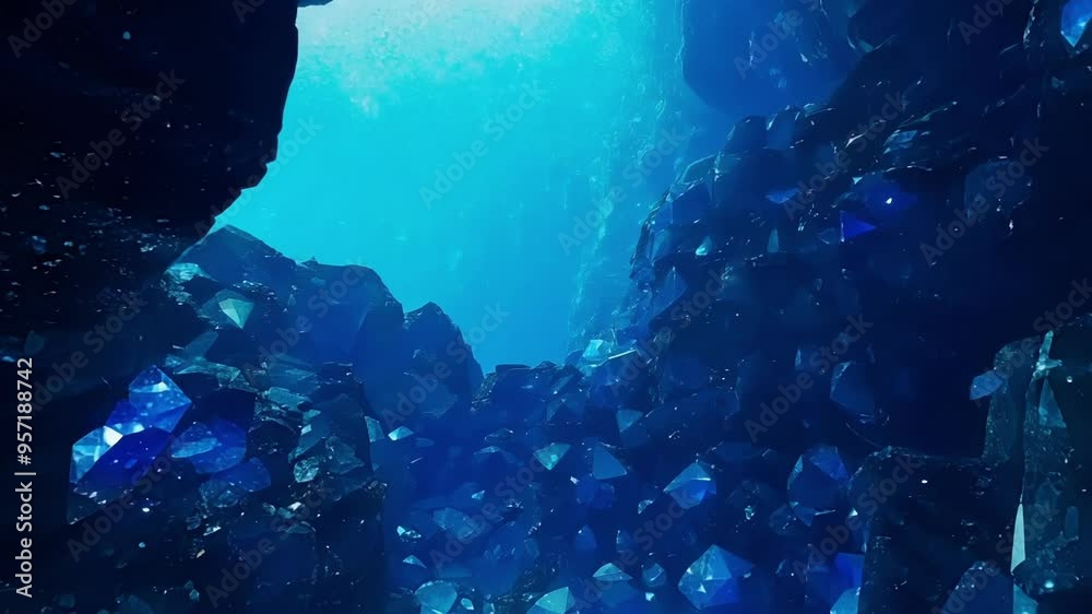 Poster sunlight shines through water, illuminating an underwater cave with rocks, creating a mesmerizing la