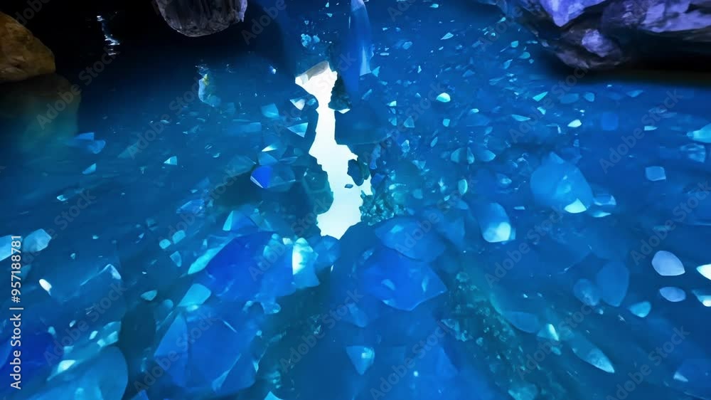 Aufkleber Mystical underground river flows through a cave, its water glowing an otherworldly blue as it reflects the light filtering in from above