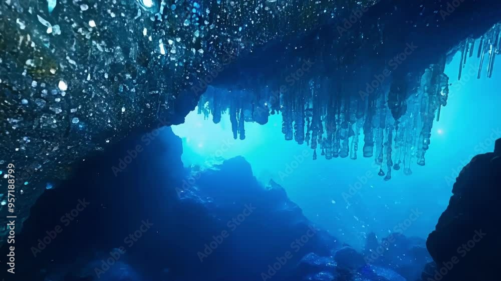 Poster Sun rays are illuminating the interior of an underwater cave, creating a mesmerizing play of light and shadow on the stalactites hanging from the ceiling