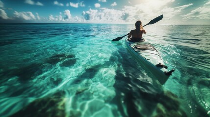 A person kayaking in clear beautiful tropical sea water