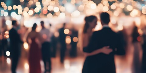 Blurred background of an elegant evening event with people dancing and socializing in the foreground In the foreground, blurry figures can be seen celebrating at a festive party Generative AI
