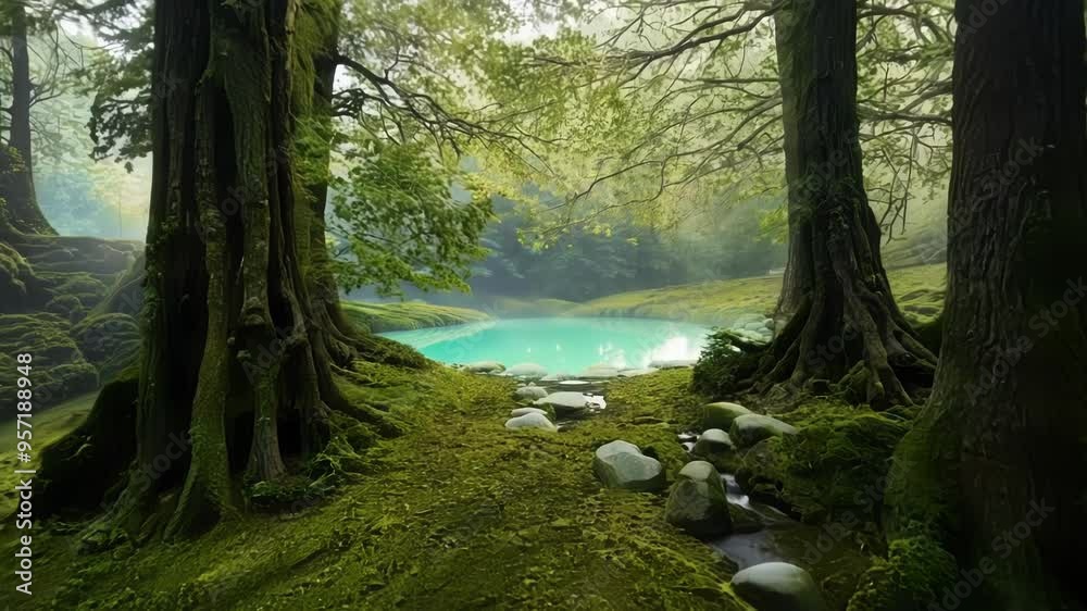 Poster sunbeams filter through primeval forest canopy, illuminating a turquoise lake in a lush clearing. th