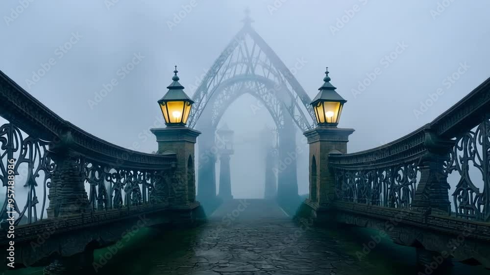 Poster Two antique lanterns are illuminating a stone bridge with wrought iron railings disappearing in a mysterious fog, creating a fantasy atmosphere