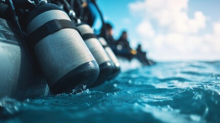 A close-up view of several scuba diving tanks partially submerged in the water, representing the readiness for an underwater adventure and the excitement of marine exploration.