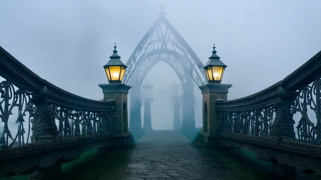 Two antique lanterns are illuminating a stone bridge with wrought iron railings disappearing in a mysterious fog, creating a fantasy atmosphere