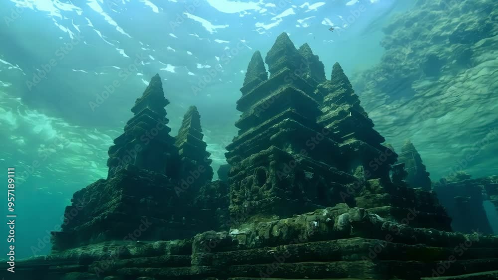 Poster Sunbeams gently pierce the ocean surface, revealing ancient temple ruins underwater. The scene blends history and mystery, with stone structures adding a touch of fantasy