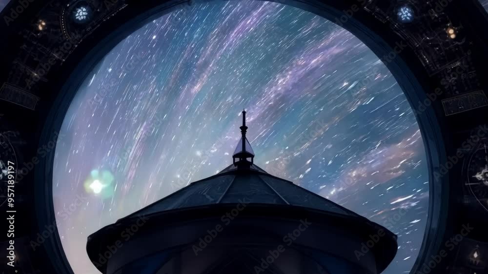Poster Spaceship window is showing a view of a planet with an old building in the middle and star trails in the background. The window is round and has some kind of control panel with glowing symbols