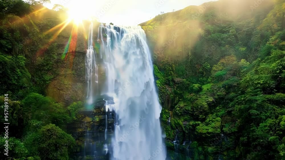 Poster sunlight is creating a beautiful rainbow while falling on a waterfall surrounded by lush green fores