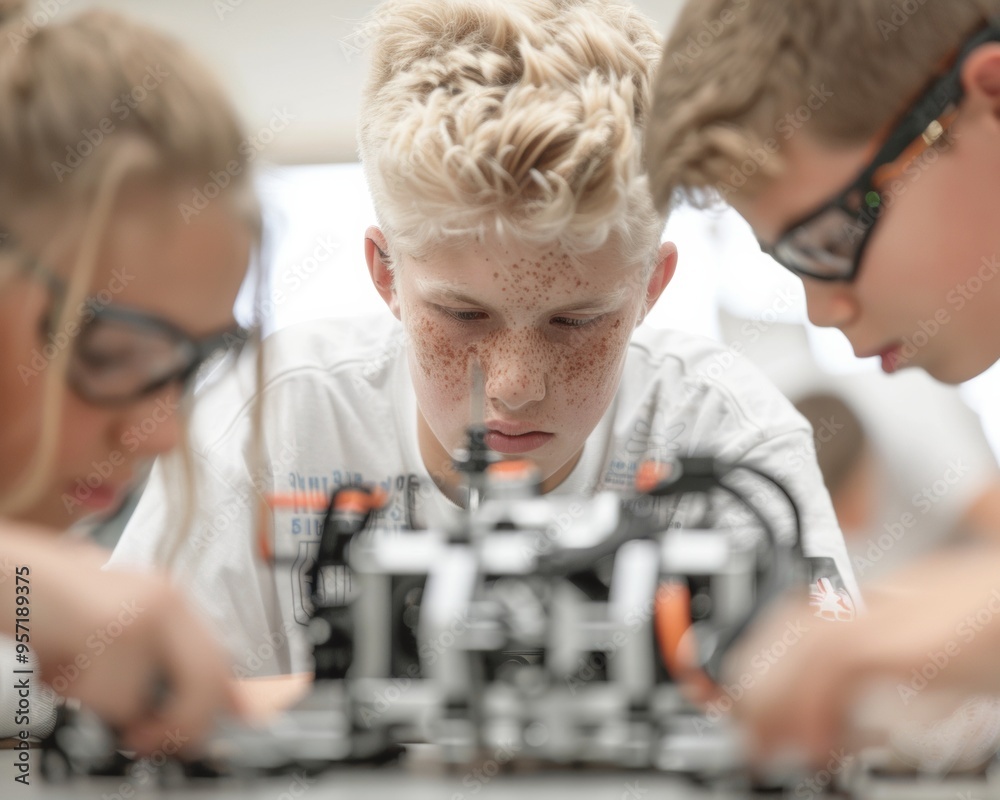 Leinwandbilder Diverse Students Collaborating on Robotics Project in Modern Classroom Setting, Engaging in Hands-on Learning and Teamwork
