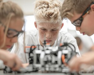 Diverse Students Collaborating on Robotics Project in Modern Classroom Setting, Engaging in Hands-on Learning and Teamwork