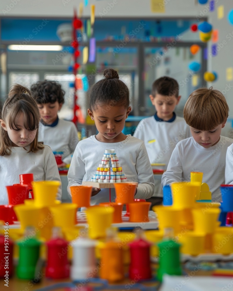 Poster diverse group of young elementary school students collaborating on a science project in a brightly d