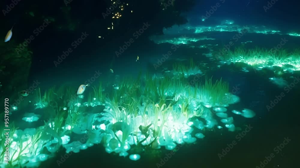 Poster glowing algae lights up a dark swamp, creating a magical atmosphere in this enchanting fantasy conce