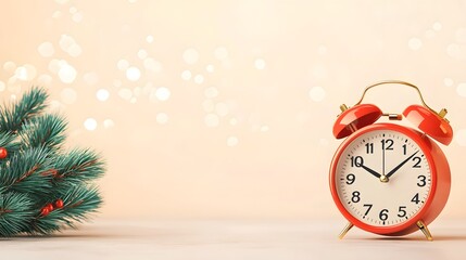 A charming red alarm clock beside evergreen branches, perfect for holiday-themed designs or seasonal celebrations.