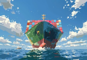 A large container ship sailed on the sea, carrying colorful containers and cargo in red with a blue sky background. The perspective looked down at an angle of about one toward right to left. There sho