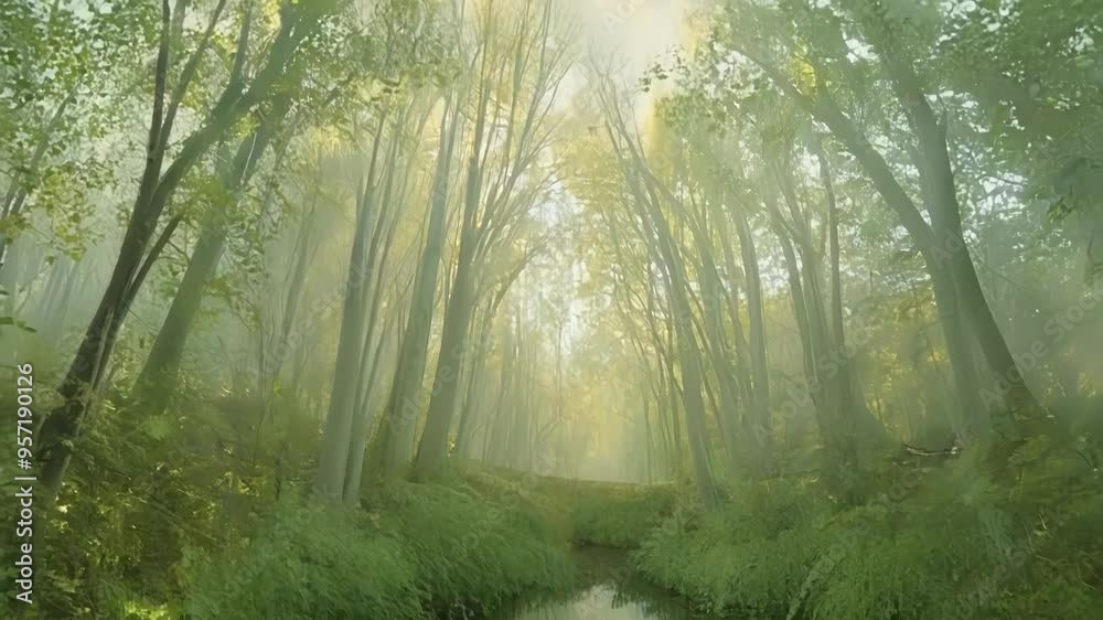Aufkleber Light filters through the trees along a path in a green forest filled with mist and fog, creating a mysterious and magical atmosphere
