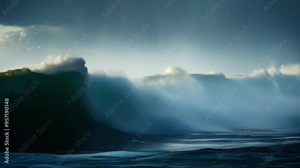 Aufkleber Massive, teal colored ocean wave is about to crash in a dramatic, fantasy scene. The sky is dark and cloudy, creating a sense of foreboding