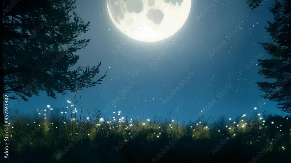 Poster fireflies lighting up a field of flowers on a summer night, with a brilliant moon shining in the bac