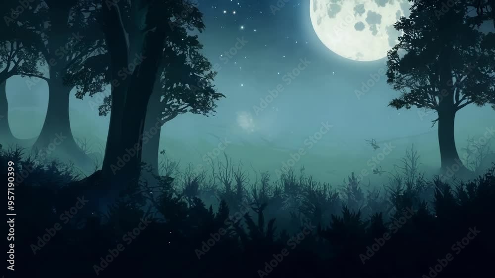Poster silhouettes of trees filling a forest glowing under the light of the moon, with small particles of l