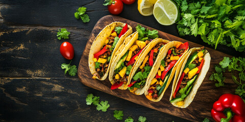 Vegetarian tacos on a wooden board with assorted vegetables and herbs - Powered by Adobe