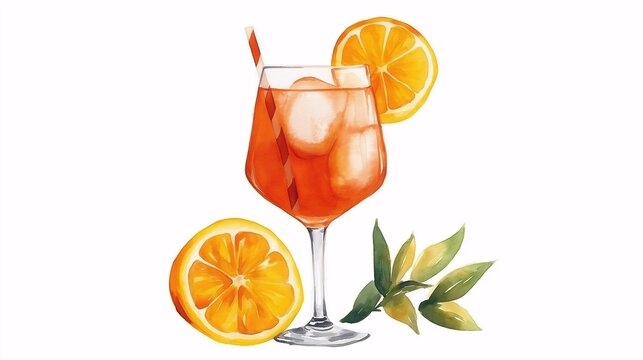 Aperol Spritz Watercolor Illustration: A refreshing, summery cocktail with a vibrant orange slice and green leaves, perfect for capturing the essence of a relaxing afternoon. 