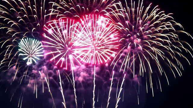 Bright fireworks exploding behind golden palm leaves on a light background, creating a festive and tropical celebration vibe.