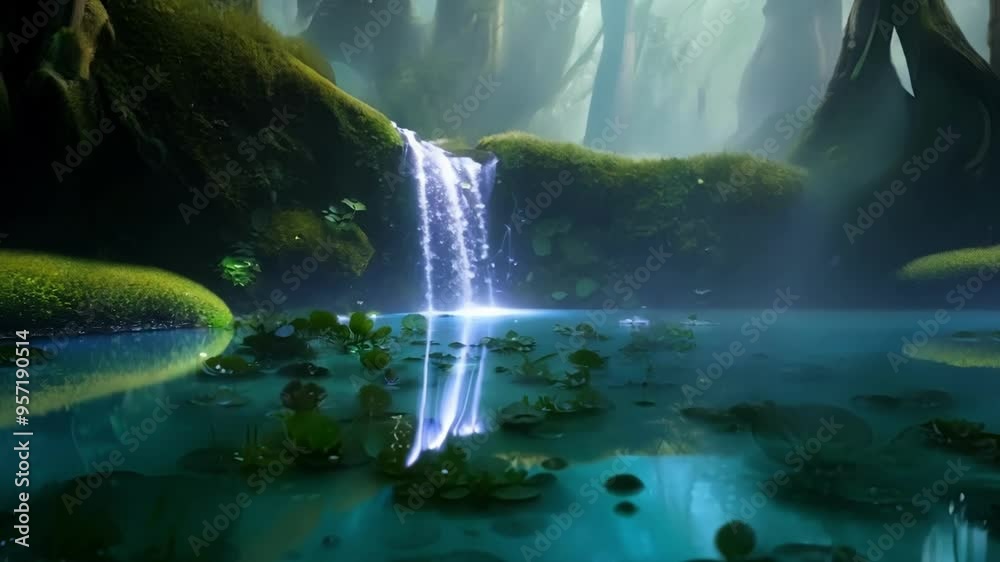 Aufkleber water cascades down moss covered rocks in a peaceful forest setting, creating a serene and magical a