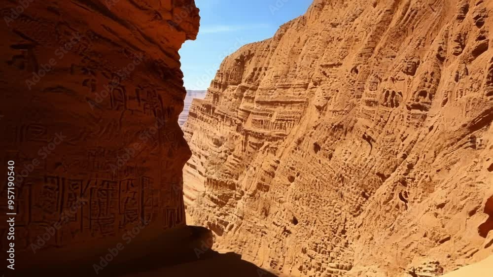 Poster Sunlight illuminating a mysterious narrow canyon passage showing ancient carvings on the walls, creating a mystical and captivating atmosphere