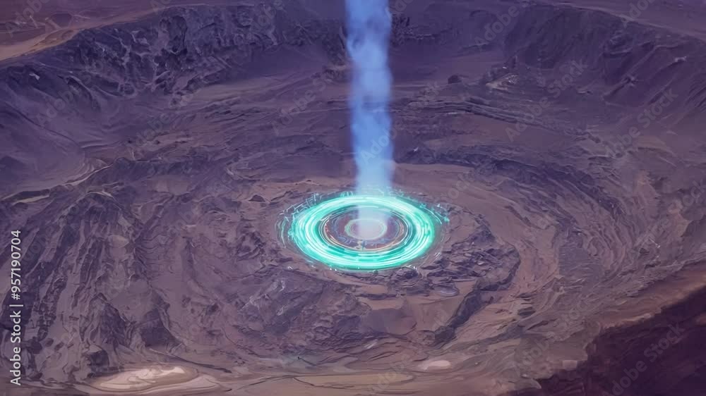 Aufkleber beam of light is connecting with circles of energy coming out of a crater in a concept stock photo a