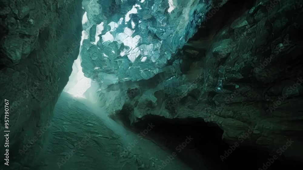 Poster sunbeam illuminating turquoise water in a mysterious cave, creating a magical atmosphere. dark rocks