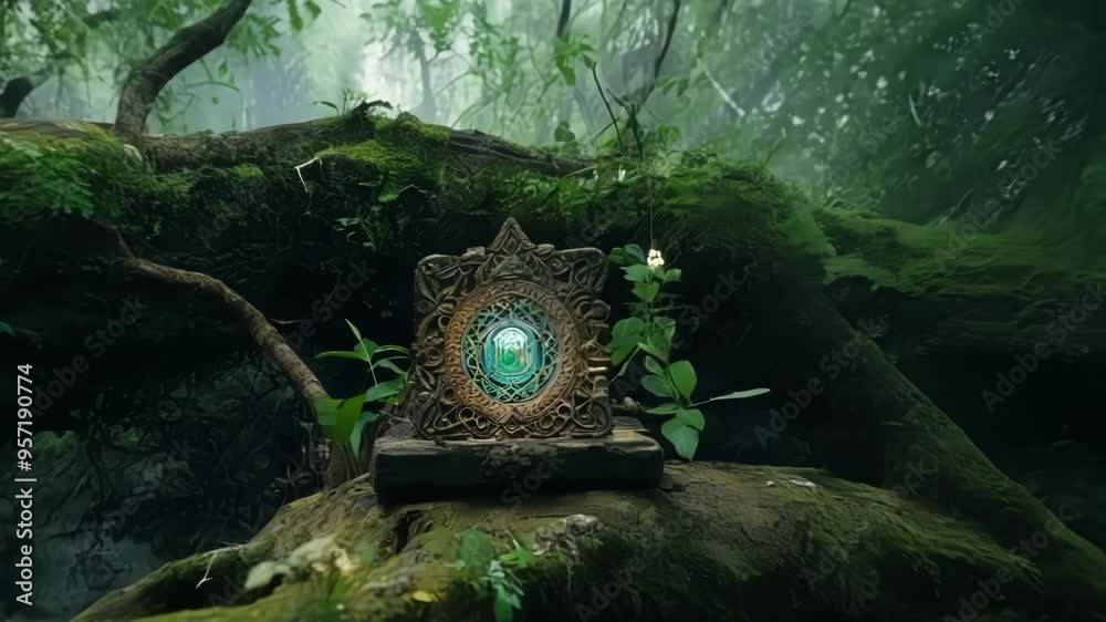 Poster Sun shines through misty forest, casting magical light on mirror in mossy roots. Enchanting scene feels like fairy tale, with green hues creating serene atmosphere