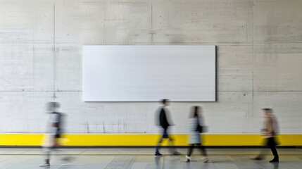 Indoor Minimalist Setting with Blurred Motion of People Passing by Empty Poster on Soft White Plaster Wall During Daytime