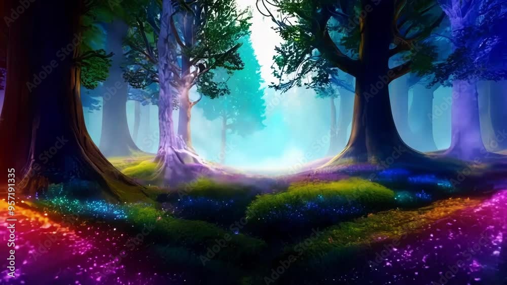 Aufkleber enchanting forest with vibrant colors, energy flowing from roots to branches, alive with light at ni