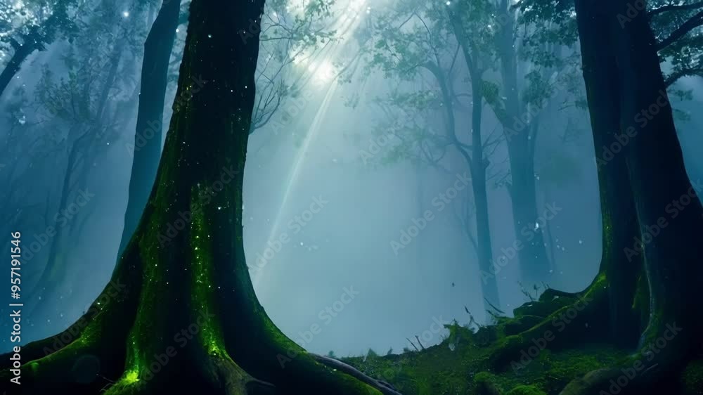 Poster mystical forest with radiant sunlight piercing fog, illuminating moss covered trees in a fairytale l