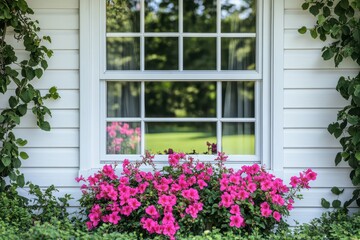 Cheerful House Window with Blooming Pink Flowers