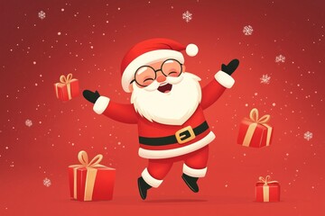 Joyful Santa Claus jumping surrounded by gifts on red background, festive holiday scene