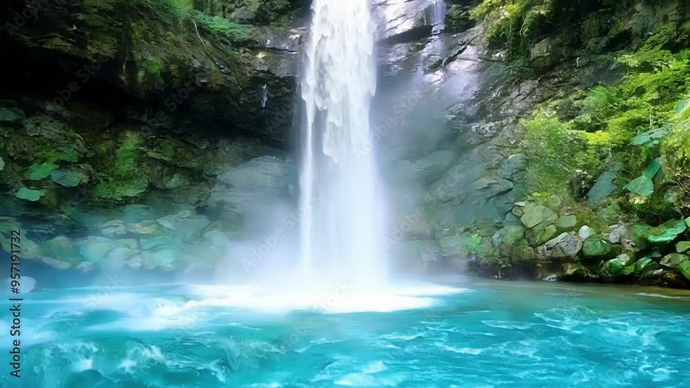 Poster Turquoise water flows rapidly in a river as a powerful waterfall crashes down from a cliff, creating a fantasy like scene