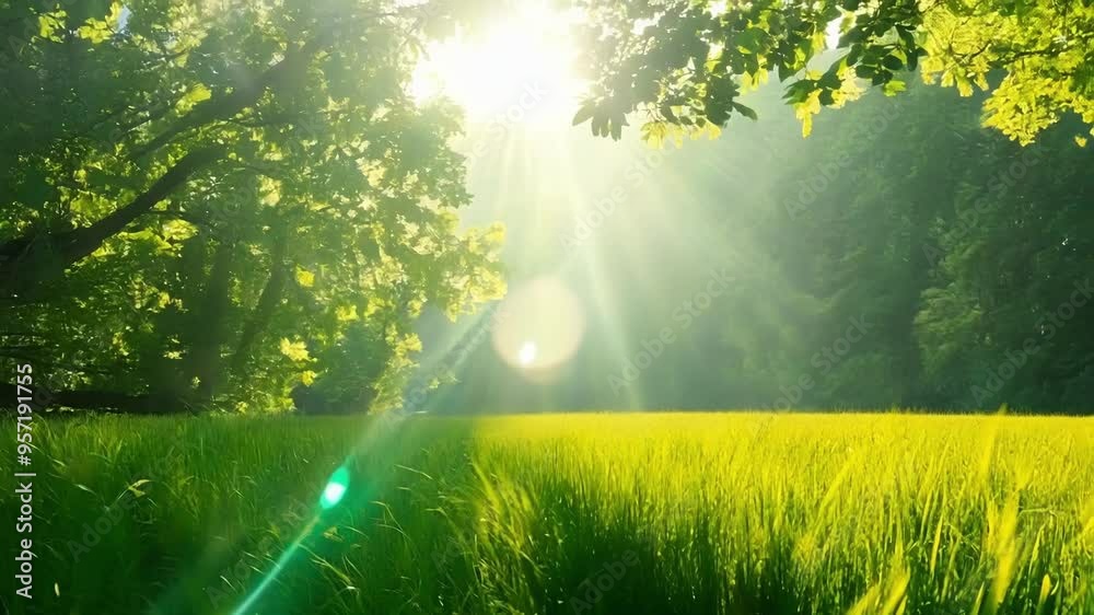Poster bright sun rays are shining through trees onto a lush green grass field, creating a magical and fant