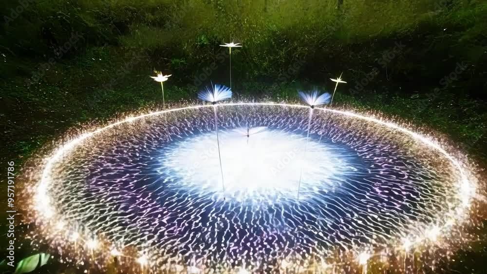 Aufkleber circular pond glows with magical energy, illuminating the surrounding forest with sparkling lights a