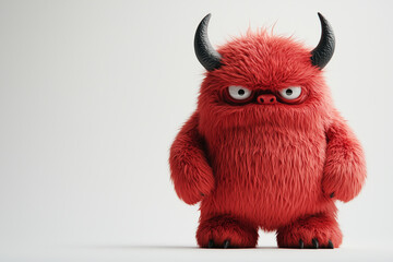 Angry red monster toy with tufted fur and horns on a white background
