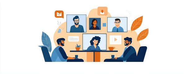A digital workspace where team members from different time zones connect via video conference, each with unique backgrounds representing diverse, flexible work environments