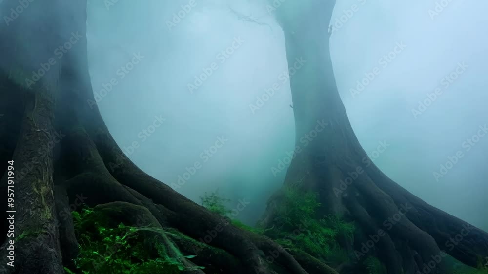 Aufkleber misty forest with dark tree roots creating mystical atmosphere, surrounded by lush greenery. light a