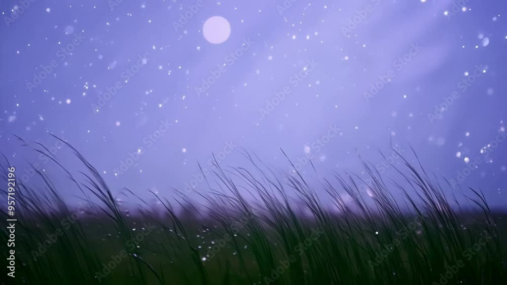 Aufkleber Green grass swaying in the wind under a mystical sky filled with glowing particles, creating a magical and fantasy atmosphere